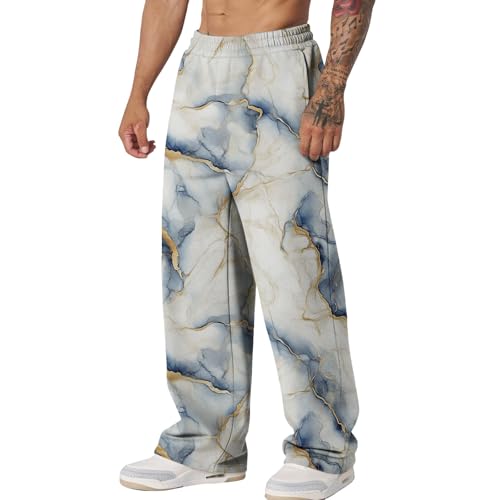 Men's Casual Marble Print Jogger Pants Loose Fit Ankle Length Trousers with Side Pockets for Autumn Daily Wear