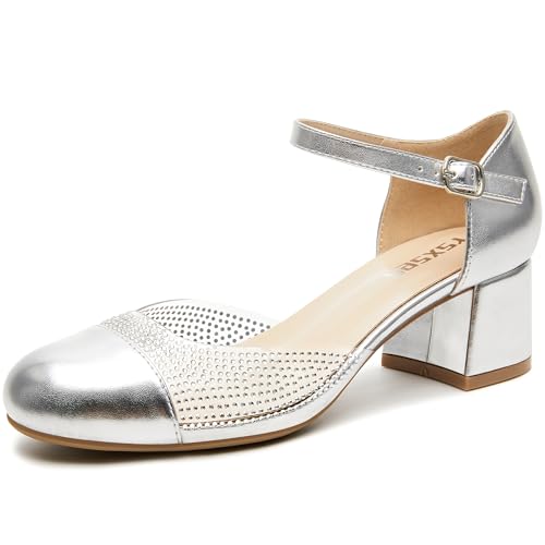 rsxses Closed Toe Low Heels Dress Shoes for Women 2 Inch Chunky Heel Pumps Ankle Strap Patent Leather Rhinestone Wedding Work Party Shoes