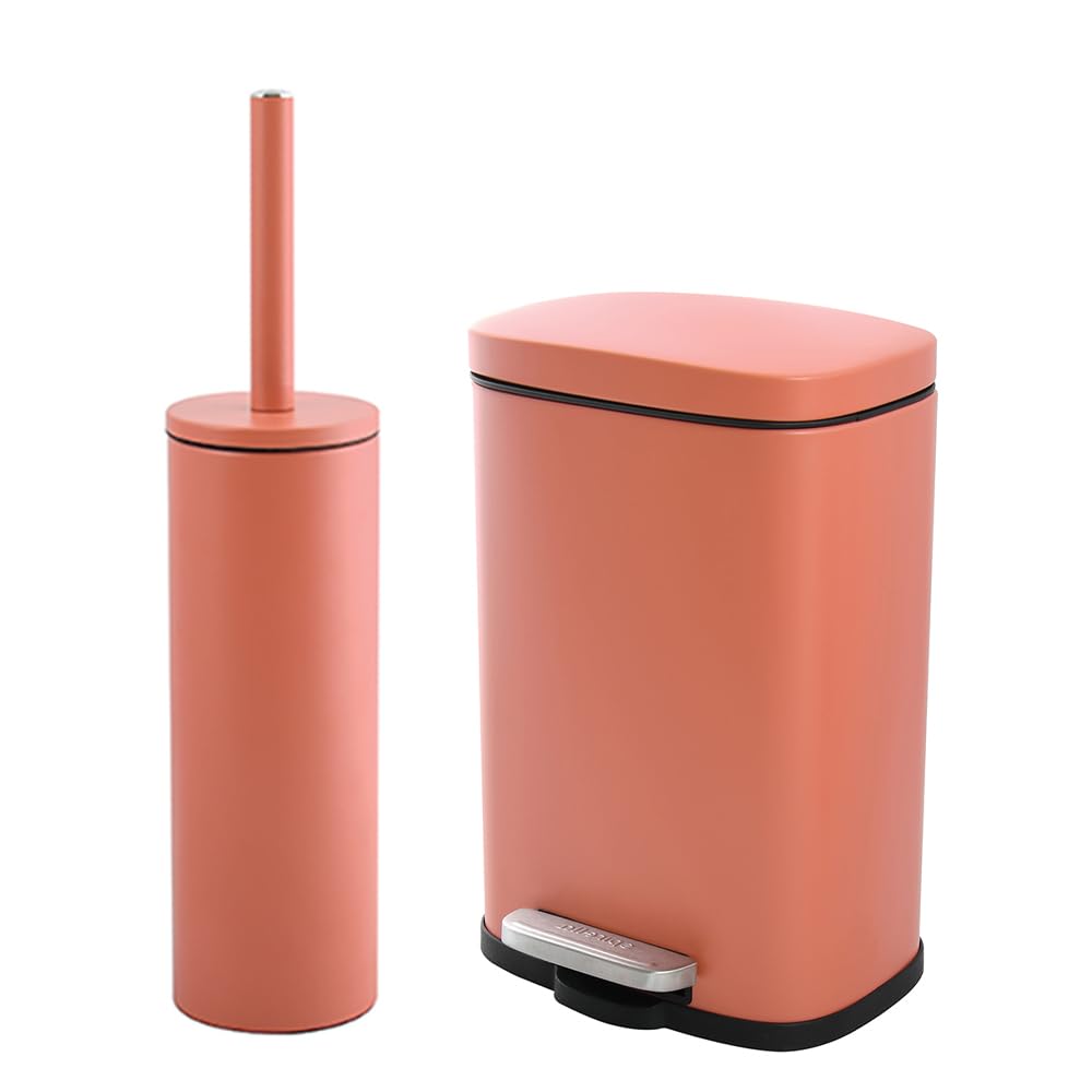 Set 2 Accessori Bagno Pattumiera 5 Litri A Pedale Con Chiusura Rallentata E Portascopino Con Ciuffo Removibile - In Acciaio Color Terracotta Opaco – Design Moderno Axin Anti-Impronta