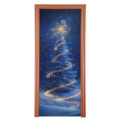 Burbuja Blue Christmas Tree Door Cover, Stretch Fabric Backdrop Door Porch Covers for Home Party Holidays Decoration, 35x79 In