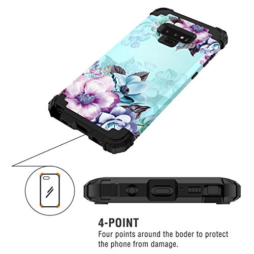 Casetego Compatible Galaxy Note 9 Case,Floral Three Layer Heavy Duty Hybrid Sturdy Armor Shockproof Full Body Protective Cover Case for Samsung Galaxy Note 9-Blue Flower