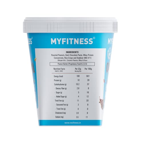 Image of MYFITNESS Peanut Butter High Protein Dark Chocolate Spread Crispy 510g | Added Whey Protein | 31g Protein for Muscle Building | 8g Fiber | Pre & Post-Workout Snacks | Cholesterol Free | Zero Trans Fat