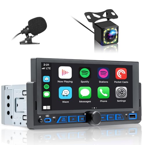 Autoradio 1 DIN Compatibile con Wireless Carplay & Android Auto,6.86 Pollici Touchscreen Stereo Auto Bluetooth con Schermo,Radio Auto con Mirror Link/USB/AM/FM/Microfono,Supporta Telecamera Posteriore