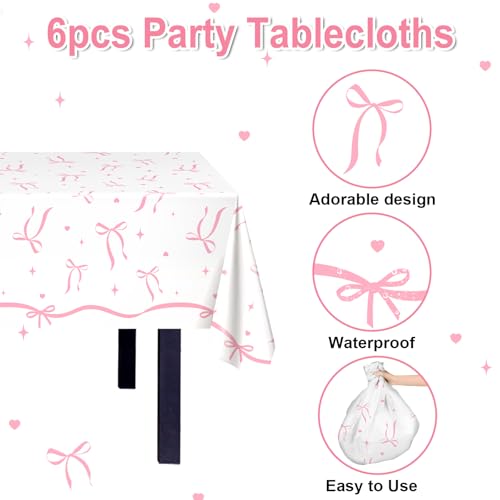 Image of Avezano 6 pcs Pink Bow Tablecloths 108x54 inch Bow Birthday Decorations Pink Coquette Bow Plastic Table Cover Disposable Bachelorette Party Supplies