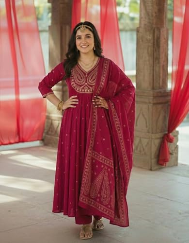 Image of GoSriKi Rust Anarkali Kurta Set for Women with Dupatta | Cotton Kurti Set for Woman | Embroidered Anarkali Suit for Women Kurti Pant Set with Dupatta | Suit Set for Women Latest