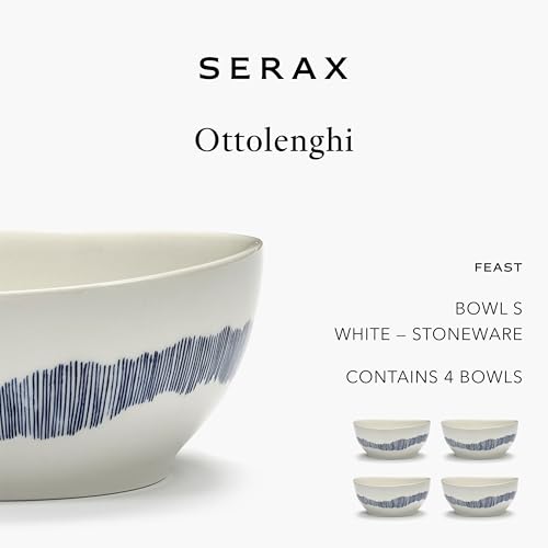 Small White Blue Food Bowls Set of 4 | Feast tableware by Ottolenghi | Stoneware Microwave Safe Bowls | Dish Set, Dinnerware Sets for Pasta Noodles, Cereal, Soup Bowl, Serving Bowl - Image 4