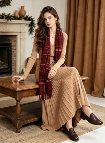 Image of RanRui Womens Winter Fall Pleated Knitted Fit and Flare Long Sleeve Sweater Dress