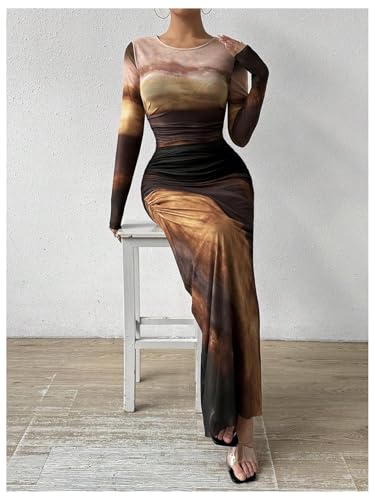 Image of Womens Long Sleeve Maxi Dress Mesh Bodycon Spring Fall Formal Wedding Guest | Tie Dye Ruched Night Out Cocktail Party Long Dresses