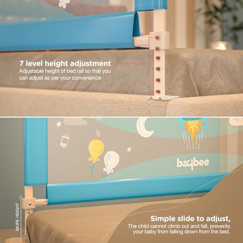 Image of BAYBEE Baby Bed Rails Guard (150Lx63H cm), Bedrail for Baby Kids Safety, Portable Bed Rail Falling Protector Fence with Adjustable Height, Foldable Bed Rails for Newborn, Pack of 3, (Blue)