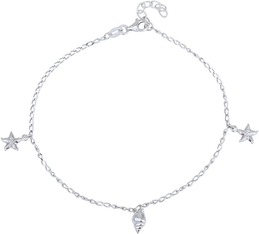 Vanbelle Sterling Silver Jewelry - Rhodium Plated with 925 Stamp - Sea-Theme Star Fish and Sea-Shell Anklet for Women - 9 Inch long + 1 Inch Extender
