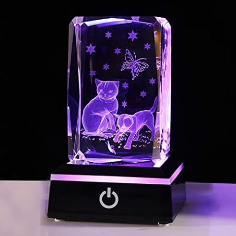 3D Cute Cats and Butterflies Figurines Cat Themed Gifts for Cat Lovers Women Men Crystal Glass Keepsake Ornaments with Colorful LED Light, Cat Gifts for Friends on Birthday, Christmas Cover