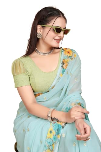 Image of SFT Women's Organza Patch Readymade Saree Blouse with Round Neck Half Sleeves Abstract Pattern Pull On Closure Regular Fit and Standard Length