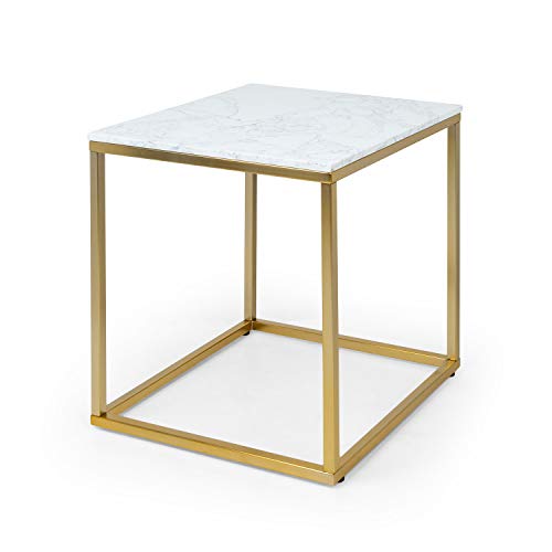 Besoa White Pearl I Mesa para el sillón - Mesa Auxiliar, 50 x 50 x 50 cm, Soporte de mármol Blanco, Hecho en Metal con Todos Dorados y Blancos