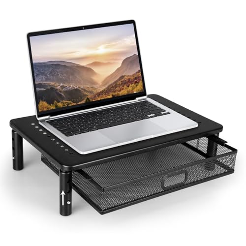 seOSTO Supporto per monitor con cassetto, supporto per monitor, 3 altezze regolabili con organizer, rialzo per monitor in metallo per laptop, computer, PC, stampante