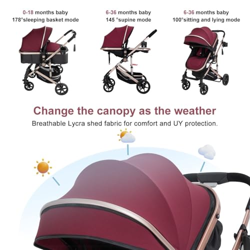 3 in 1 Baby Pram & Stroller| Rose Red Baby Stroller with Shock Absorption, Reversible Seat & One-Hand Fold | High View, 5-Point Harness & 50KG Capacity | Rose Red Canopy with UPF 50+ - Image 6