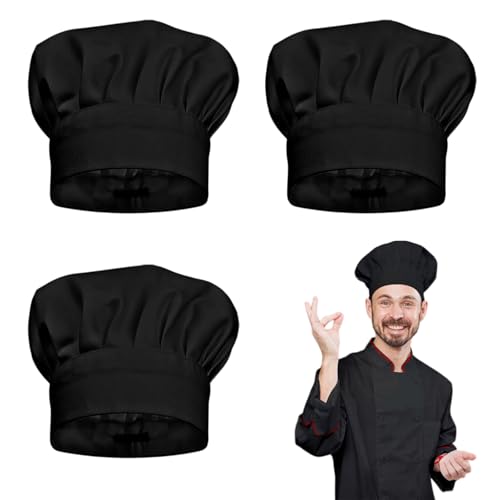 TUONYIS 3 Piezas Gorro Cocinero, Chef's Hat Sombreros de Catering Unisex, Gorra de Chef Chef Hat Ajustable, Gorra de Chef Algodón (FR/ES, Letras, Talla única, Negro)