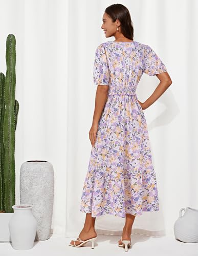 Image of GRACE KARIN 2025 Women's Summer Floral Flowy A Line Midi Dresses Elegant Short Sleeve Smocked V-Neck Tiered Dresses