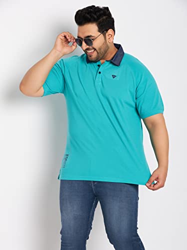Image of Men Turquoise Blue Cotton Blend Half Sleeve Polo Neck Solid Plus Size T-Shirt(CYPM1340XL XXL)