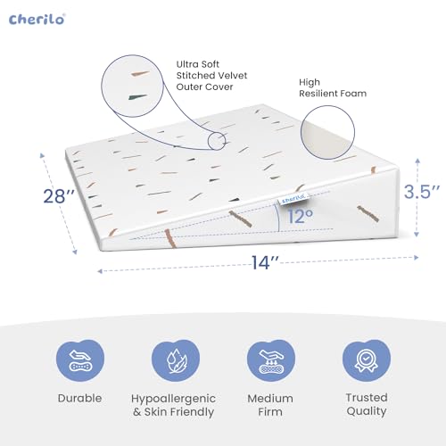 Image of Cherilo Full Size Elevated Wedge Pillow for Baby Crib & Mattress, Elevate Baby to Prevent Acid Reflux, Colic, GERD, Heat Burn, 28 inch x 14 inch x 3.5 inch - with Removable Cover - Triangle Design - White