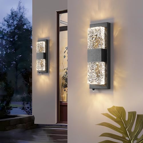 Image of 14.2 inch Dusk to Dawn Outdoor Wall Light, 12W LED,Black 1-Pack | IP65 Waterproof Wall Mounted Sconce, Dusk to Dawn Sensor, Crystal Modern Design, for Porch, Patio, Hallway, Backyard