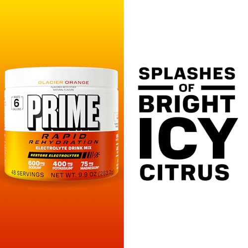 Image of Prime Rapid Rehydration Electrolyte Powder, Glacier Orange, Sugar Free Hydration Drink Mix with Sodium, Potassium, Magnesium & B Vitamins to Replenish Fluids, Caffeine Free, 6 Gallon Tub, 48 SRV
