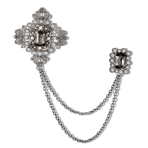 Image of Mahi Victorian Style Artificial Pearl & Crystal Sherwani Brooch Pin with Hanging Chain for Men (PABP1101193PR)