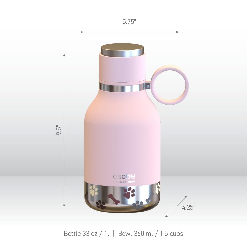 Asobu Chien – Gamelle pour Animal Domestique attachée à Une Bouteille d'eau Isotherme en Acier Inoxydable de 1 Litre, Bouteille d'eau Portable, Robuste, Anti-Fuite, pour l'extérieur, Les Voyages, la