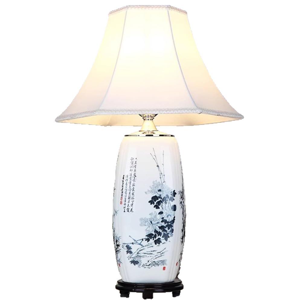 SANBDDLYY Hand-Painted Chinese Ceramic Table Lamp - Jingdezhen Porcelain Desk Fabric Lampshade for Bedroom & Living Room