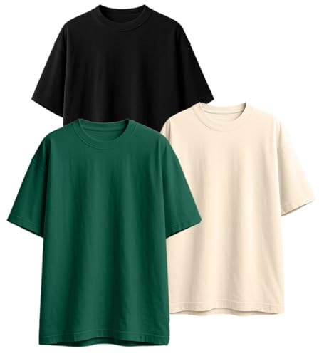 Image of Veirdo 100% Pure Cotton Drop Shoulder Oversized Baggy Fit Half Sleeve Plain Solid Round Neck Multicolor T-Shirt Combo for Men (Pack of 3) (Sizes S-2XL)