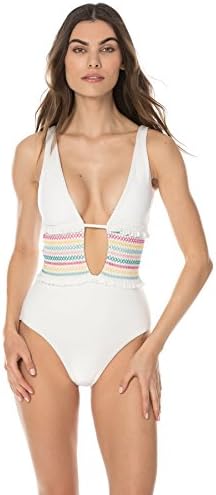 ISABELLA ROSE Women's Embroidered Smocked Keyhole Over The Shoulder One Piece Swimsuit White L