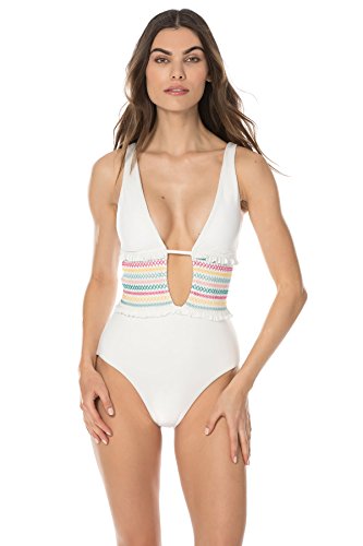Isabella Rose Women's Embroidered Smocked Keyhole Over The Shoulder One Piece Swimsuit White L #TOP1