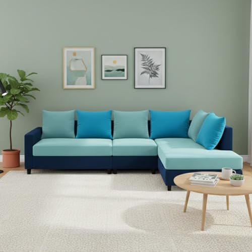Image of FURNY Glory 6 Seater RHS Fabric Sofa Set (Dark Blue-Aqua Blue-Sky Blue) with Velvet Finish | Durable Comfort | Ideal for Living Room | Breathable material