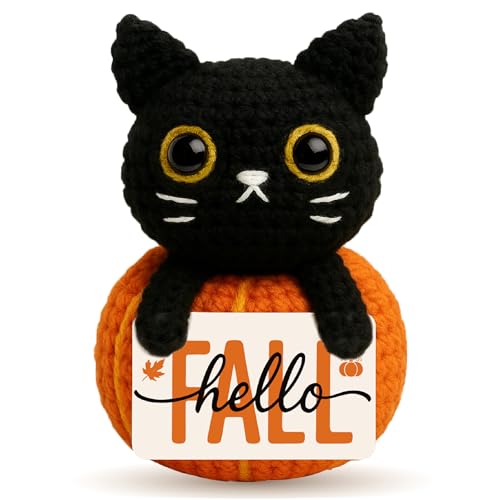 Skyists Hello Fall Mini Black Cat Pumpkin Crochet for Fall Table Decor – Small Cute Halloween Thanksgiving Gift for Cat Lovers Women Men Coworker Friends, Autumn Tiered Tray Shelf Desk Decorations