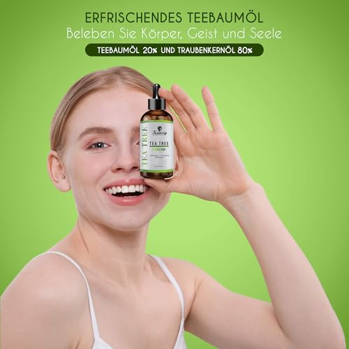 Kanzy Teebaumöl Naturrein 60ml mit Pipette Kaltgepresst Tea Tree Oil für Gesicht, Haut, und Nagel Anti Pickel, Haaröl, Akne Öl, Acne Serum gegen Unreine Haut, Öle für Diffuser