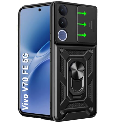Image of TheGiftKart Tough Armor Bumper Back Cover Case for Vivo V70 FE 5G | Kickstand & Ring Holder | 360 Degree Protection Back Cover Case for Vivo V70 FE 5G (PC & TPU, Sliding Camera Cover, Black)