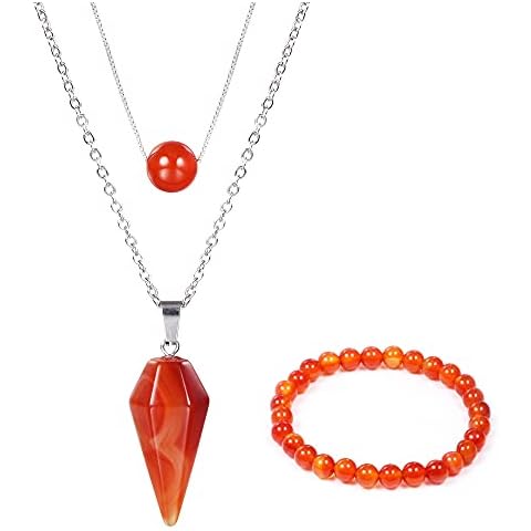 KISSPAT 3 Pcs Carnelian Necklace Bracelet Set for Women | Red Agate Gemstone Quartz Healing Stone Pendant Necklace | Spiritual Real Carnelian Crystal Necklaces Cover
