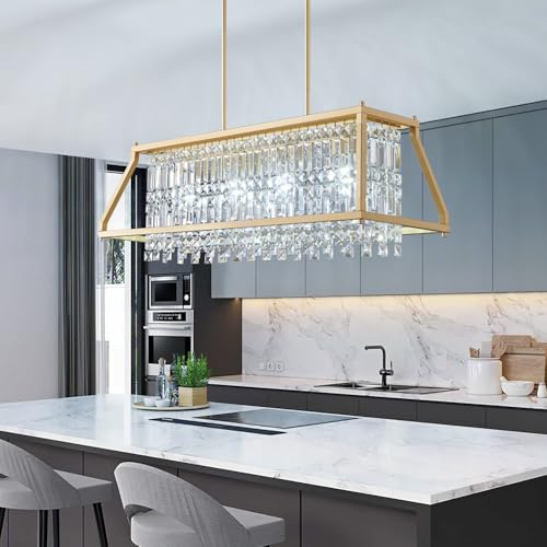 Image of LMQNINE Chandeliers for Dining Room, 4-Light Trapezoidal Industrial Dining Room Light Fixture Farmhouse Chandelier Crystal Pendant Lights Kitchen Island Living Room (Gold 35.43 inch)
