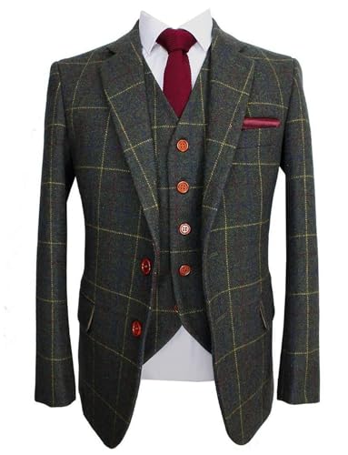 Men's Tweed Plaid Suit Three Pieces Tuxedo Single Breasted Button Checked Jacket & Vest & Pants