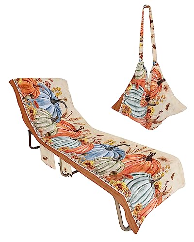 Pumpkins, Beach Lounge Chair Towel Cover, Soft Chaise Lounge Towel with Side Pockets Patio Pool Chairs Cover for Beach/Pool Sunbathing 29x85 Happy Thanksgiving Day Southwest Eucalyptus Leaves