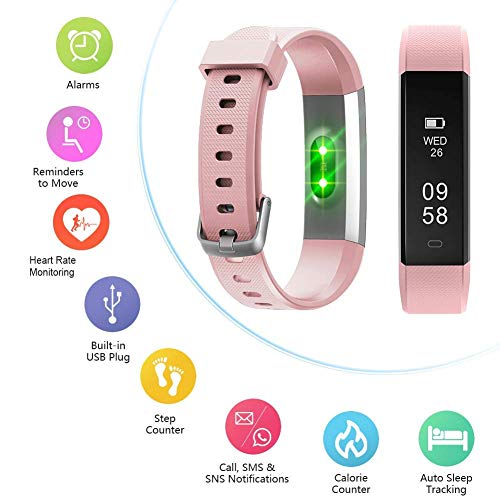 Letsfit Fitness Tracker, Slim Activity Tracker with Heart Rate Monitor, Pedometer Watch, Sleep Monitor, Step Counter, Calorie Counter, Waterproof Fitness Band for Kids Women and Men (Pink) (Pink) - Thumbnail 2