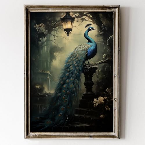 Vintage Peacock Wall Art Gothic Animal Aesthetic Paintings Vintage Lighted Pictures Dark Academia Wall Art Gothic Peacock Canvas Moody Gothic Victorian Poster Spooky Halloween Prints 16x24in No Frame