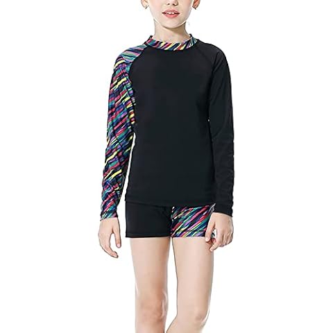 Long Sleeve Swimsuits for Kids 2 Pieces Set Swimwear Quick Dry Surfing Wetsuit for Girl/Boy 5-12 Years, Long-black, 7-8 Years Cover