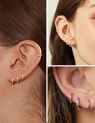 6 Pairs Stainless Steel Small Huggie Hoop Earrings Sets for Women Men Cartilage Helix Tragus Lobes Sleeper Hoop Earring Jewelry for Multiple Piercing 6mm 8mm 10mm 12 mm Silver Gold Tone3