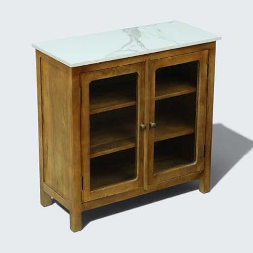 Image of Solid Wood Madrid Crockery Cabinet (S) | Display Cabinet with Sintered Stone Top | Finish- Scratch Resistant Light Brown