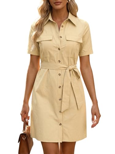 Allegra K Women's Safari Dresses Summer Cotton Short Sleeve Belted Button Down Shirtdress Khaki L-16