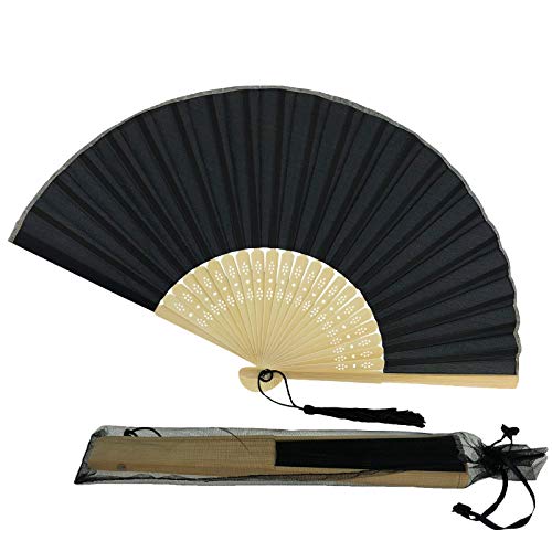 Image of Fabric Handheld Folding Hand Fan With a Tassel Grade A Bamboo Ribs for Women Girls Summer Party Event Favor Birthday Wedding Souvenir Gift (Black)