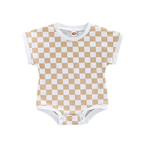 Image of Adobabirl Unisex Baby Boy Girl Checkerboard Oversized Romper Onesie Playsuit Shirt Infant Summer Outfit Cute Clothing (A Checkered Yellow,0-6 Months)