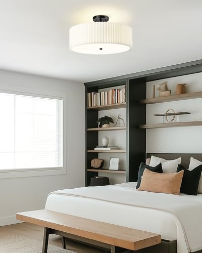 Image of Semi Flush Mount Ceiling Lights, 4-Light 18 inch Matte Black Ceiling Light Fixture with White Pleated Fabric Shade, Drum Lamp for Nursery Hallway Bedroom Kitchen, AD-25036-4SF-BK