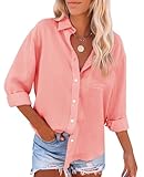 siliteelon Womens Button Down Shirts Cotton Dress Shirts Long Sleeve Blouses V Neck Solid Casual Tunics Tops with Pockets - Peach S