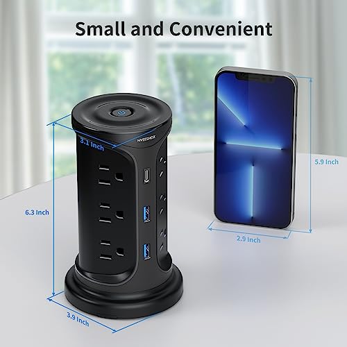 Extension Cord with Multiple Outlets Surge Protector Tower Power Strip with Surge Protection, Screw Wall Mount Outlet with 12 Ac Outlets with 3 USB Ports(1 USB C),6.5 Ft, Overload Protect for Office